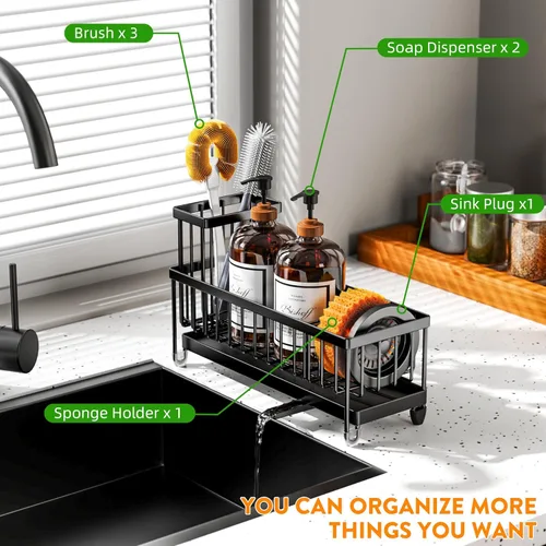 Vista 6 de Cisily Soporte de esponja negro extra grande para fregadero de cocina, organizador de fregadero con soporte alto para cepillos, organizadores