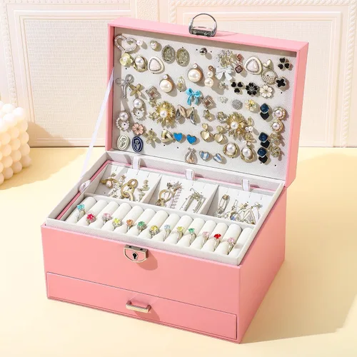 Vista 8 de BOOVO Joyero de aretes para mujeres y niñas, organizador de tachuelas, caja organizadora de joyas de 5 capas con candado, organizador de aretes