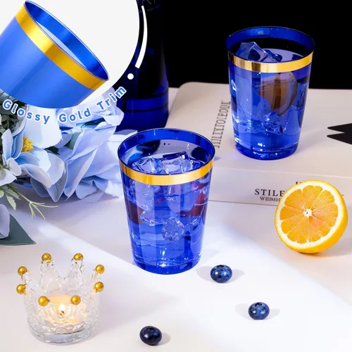 Vista 7 de Supernal 100 piezas de vasos de plástico azules, vasos desechables transparentes azules claros de 10 onzas con borde dorado, vasos de plástico