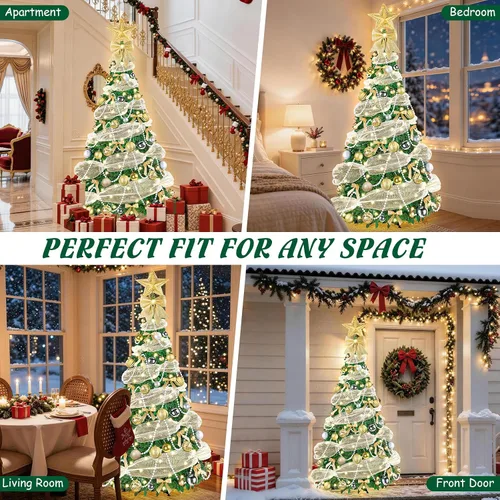 Vista 7 de FUSPWEAO 6FT Pre-Lit Pop Up Christmas Tree with Lights for Holiday Decor Pre-Decorated Collapsible Tree with Ribbon, Pearl Chain, Bows, Ball