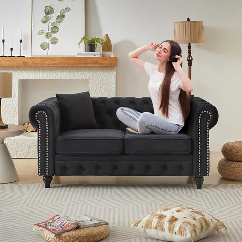 Vista 10 de Sofá Chesterfield de terciopelo grande de 85.5 pulgadas, sofá moderno de 3 plazas con brazos enrollados con diseño de botón y 2 cojines para sala