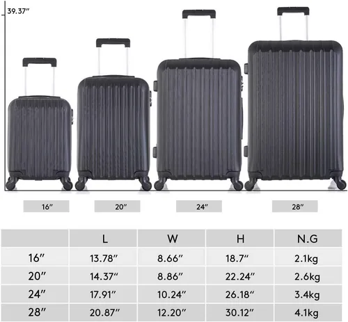 Vista 9 de Juego de 4 piezas de equipaje con ruedas giratorias Maleta de viaje rígida y ligera 16" 20" 24" 28