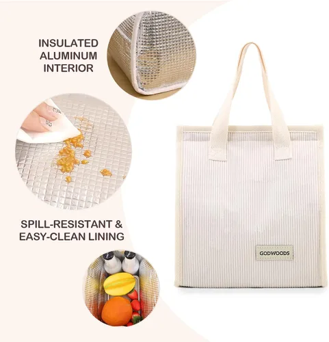 Vista 5 de TELLUMO Bolsa de almuerzo de corduroy para mujeres y hombres, linda bolsa de almuerzo con aislamiento y gran capacidad (7.5L), bolsa de almuerzo