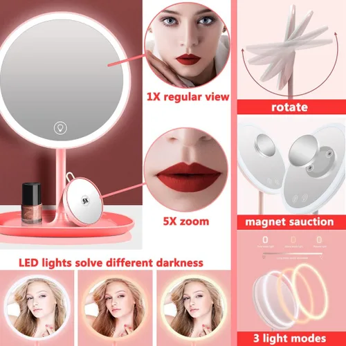Vista 7 de Espejo LED de maquillaje de viaje con luces, con un mini espejo compacto portátil de tamaño de bolsillo con aumento 5X, base redonda, rosa