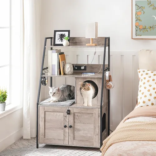 Vista 3 de HOOBRO Caja de arena con 2 estantes de almacenamiento, mueble alto para caja de arena oculto con estación de carga, mueble para caja de arena oculta