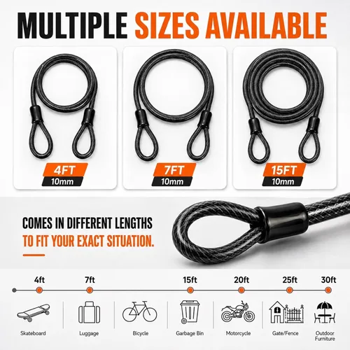 Vista 5 de Cable de seguridad para bicicleta con bucles, cable de bloqueo resistente de 3/8 pulgadas (0.394 in), cadena de seguridad de acero recubierto