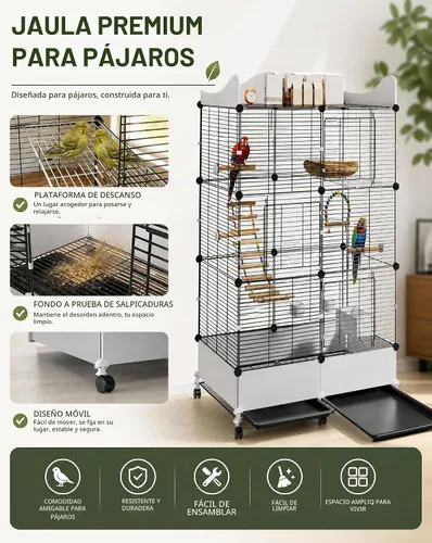 Vista 4 de Jaula cifrada para pájaros grandes de 57 pulgadas, espacio de almacenamiento superior, protector de salpicaduras inferior con suministros esenciales