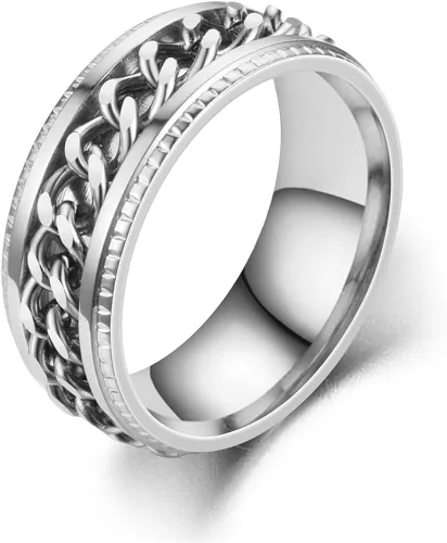 Vista 3 de COLORFUL BLING Anillo giratorio de acero inoxidable de 0.315in, antiansiedad, con borde acanalado, para hombres y mujeres, para aliviar la ansiedad