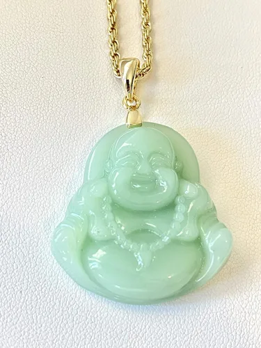 Vista 4 de Collar con colgante de jade verde de Buda sonriente y ríe con cadena de cuerda de jade auténtico certificado de grado A hecho a mano, collar de Buda