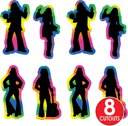 Vista 4 de Beistle Siluetas hippie de los años 60, 8 unidades – Recortes psicodélicos grandes con contornos retro de teñido anudado para fiestas geniales