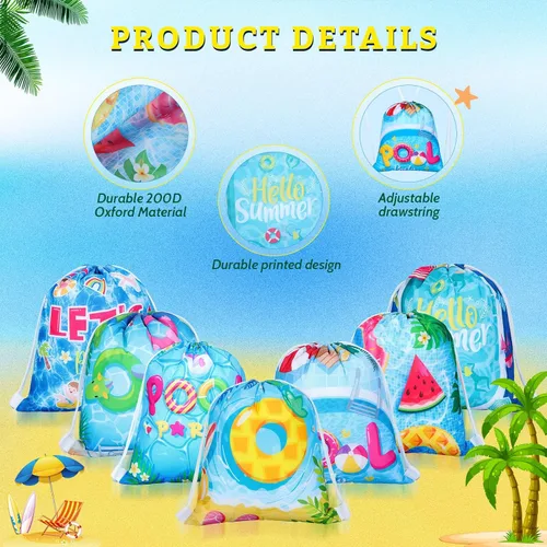 Vista 3 de Panelee - 18 bolsas con cordón para piscina y playa, para verano, fiesta de piscina, bolsas de golosinas, decoraciones de playa para niñas y niños