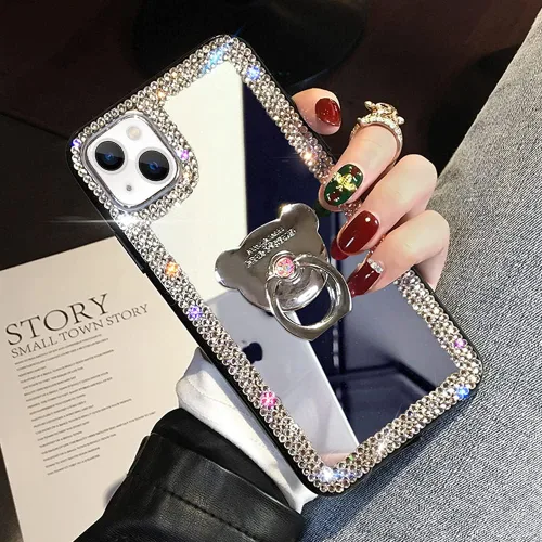 Vista 8 de LUVI Compatible con iPhone 15 Plus Mirror Bling Case con anillo, bonito soporte de diamantes de imitación con purpurina, agarre para los dedos