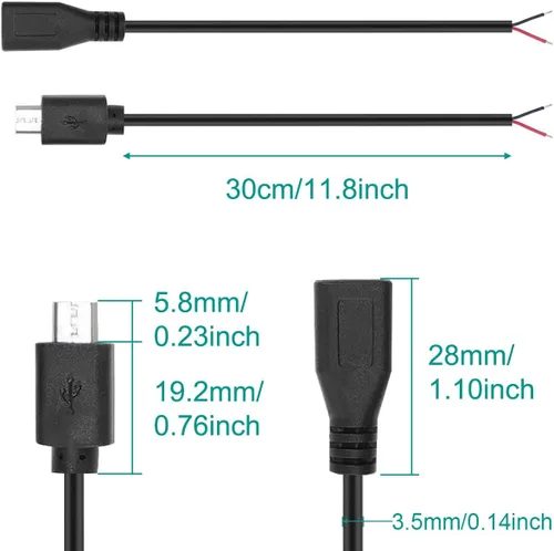 Vista 5 de Cable micro USB macho hembra a 2 extremos de cable abiertos, conector USB 2.0 a 2 cables, cable de extensión de cable de alimentación, conector