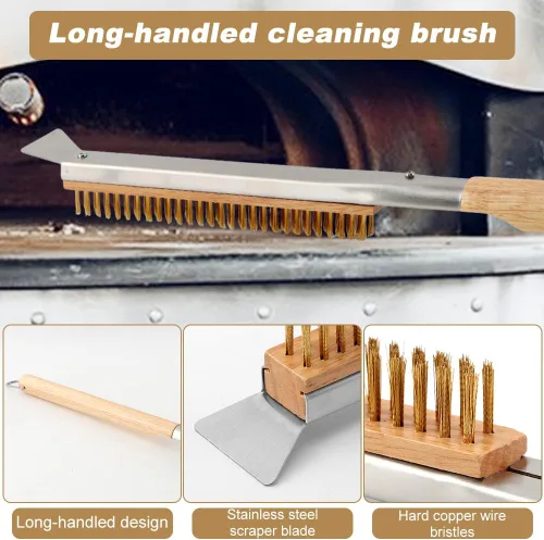 Vista 6 de Kit de accesorios para horno de pizza con cepillo para horno de pizza y raspador de piedra, mango largo perforado de aluminio de 7.8 pulgadas, rueda