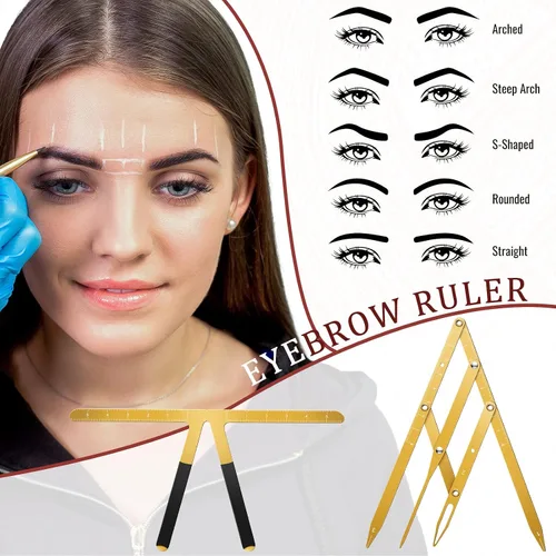 Vista 6 de 2 reglas de cejas regla de posicionamiento de 3 puntos, pinza de relación dorada para cejas, regla de microblading para cejas, herramienta