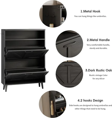 Vista 3 de Halitaa - Gabinete para zapatos con 2 cajones abatibles y almacenamiento abierto, gabinete de almacenamiento de zapatos estilo granja para entrada