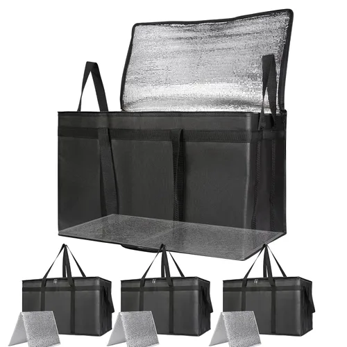 Vista 25 de Bolsa térmica, suave y aislada, bolsa de alimentos plegable para entrega de alimentos, portátil, color negro, paquete de 4, tamaño L Soft Cooler