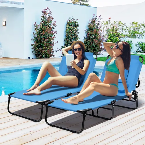 Vista 2 de Sillón plegable de playa con 5 respaldos ajustables y almohada acolchada, tumbona para tomar el sol, silla plana de bronceado para cubierta de Azul