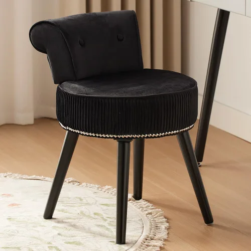 Vista 4 de Silla de tocador de terciopelo negro con respaldo pequeño, taburete de maquillaje, sillas acentuadas con botones sin ruedas, taburete de tocador