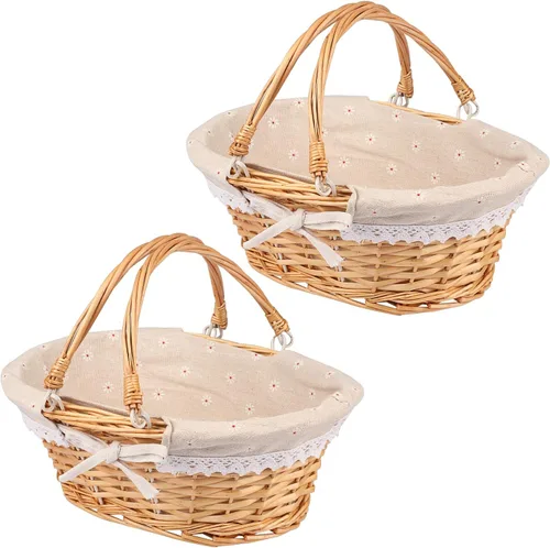 Vista 11 de Cesta grande multiusos de mimbre con asa, 14.2 x 11 x 6.7 pulgadas Cesta de mimbre para picnic con forro, Cesta de regalo vacía, Cesta ovalada