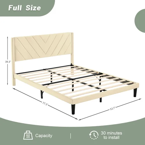 Vista 2 de Base de cama de plataforma de tamaño matrimonial con cabecera de terciopelo, borde de ala, listones de madera resistentes, sin ruido, no necesita