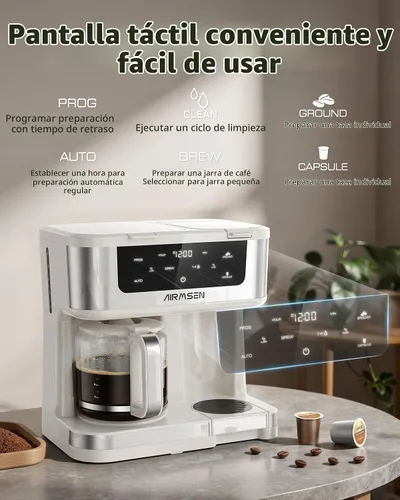 Vista 6 de AIRMSEN Cafetera dual programable de 12 tazas – Máquina de una sola porción para K-Pods y molido, preparación rápida de 1000 W, inicio retardado