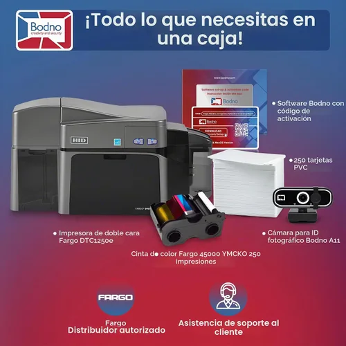 Vista 2 de Bodno Fargo DTC1250e Impresora de tarjetas de identificación de doble cara y paquete completo de suministros con software Bronze Edition Software