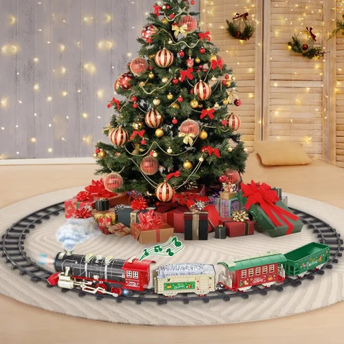Vista 4 de Juego de tren de control remoto con vapor, luces y sonidos, tren de juguete eléctrico para niños de 4 a 8 años, juego de tren de árbol de Navidad