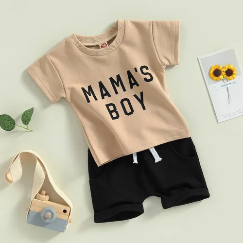 Vista 22 de Conjunto de traje de verano para bebé niño pequeño, manga corta, cuello redondo, letras impresas, lindo traje de verano, conjunto de 2 piezas