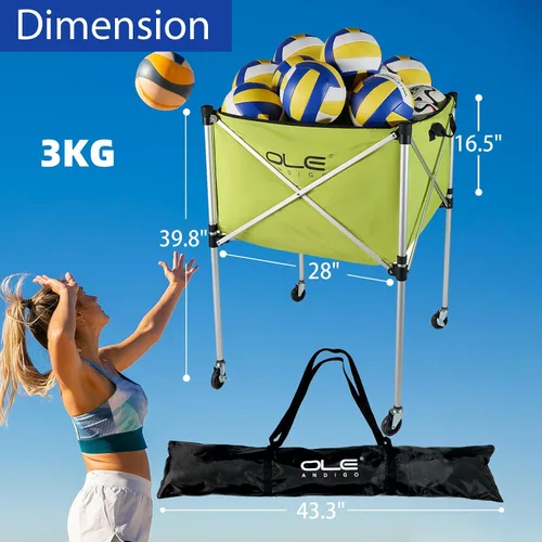 Vista 5 de Carrito de pelotas, carrito de pelota de voleibol con ruedas, carrito de bolas portátil de 26 bolas, almacenamiento de bolas, carrito
