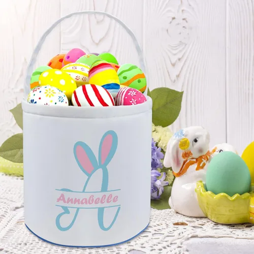 Vista 7 de Cesta de Pascua personalizada con nombre para niños, lona personalizada, cubo de Pascua, regalo para niños y niñas