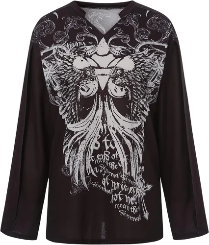 Vista 4 de Camisa de hada para mujer, de manga larga, con estampado vintage, cuello redondo, estética, ajustada, ropa de grunge