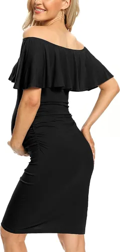 Vista 5 de Vestido de maternidad ajustado con volantes y hombros descubiertos, vestido de embarazo formal para baby showerfotografía