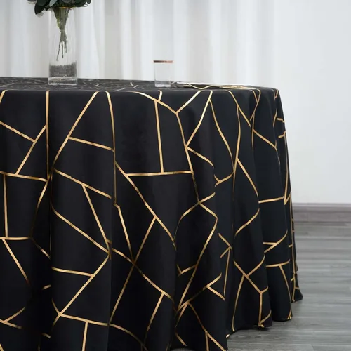 Vista 2 de Efavormart - Mantel redondo de poliéster de 120 pulgadas con patrón geométrico dorado Negro