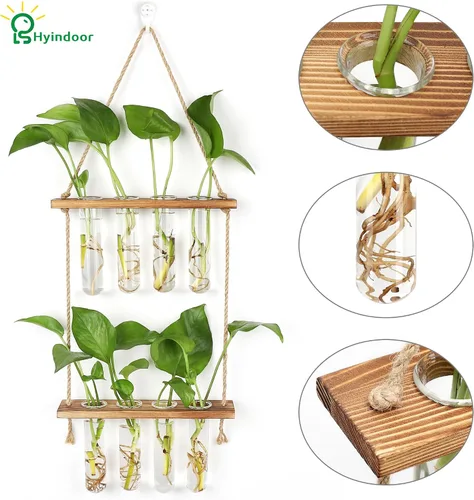 Vista 5 de Hyindoor Maceta Colgante de Pared Terrario Jarrón de Vidrio de 2 Niveles con Tubos de Ensayo, Estación de Propagación de Plantas, Colgadores