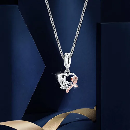 Vista 4 de MZC Jewelry Dije de mamá para pulseras Pandora para mujeres y niñas, oro rosa, flor de amor, corazón, colgante, cuentas de madre de hija, hijo