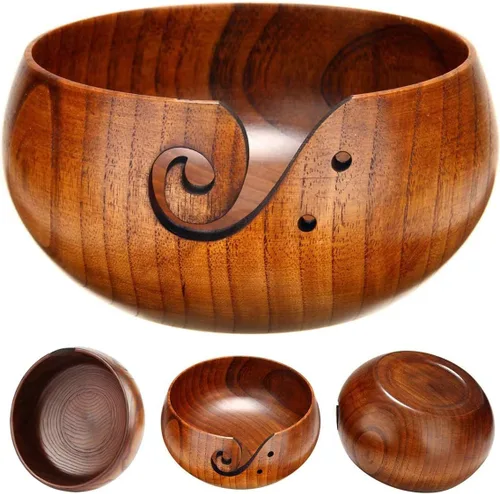 Vista 11 de Joyeee Cuenco de hilo de madera, soporte de hilo para ganchillo, soporte de accesorios para tazón de ganchillo con agujeros hecho a mano para evitar