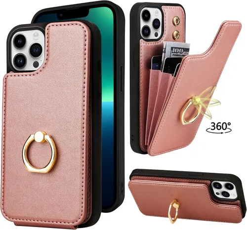 Vista 11 de Funda tipo cartera compatible con iPhone 13 Pro con soporte para tarjetas, rotación de 360°, soporte de anillo de dedo con función atril, bloqueo