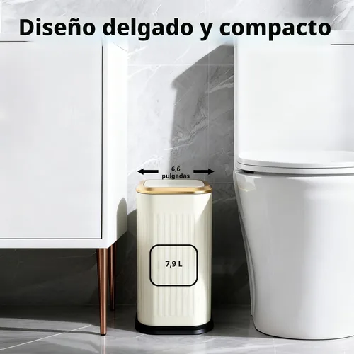 Vista 2 de TIPGO Cubo de basura pequeño para baño con tapa emergente, 2.1 galones Crema