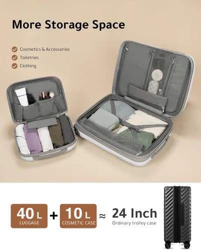 Vista 2 de LUGGEX Equipaje de mano con puerto USB, maleta ligera de PP con funda de 14 pulgadas, equipaje expandible de 2 piezas, Blanco, Equipaje de mano
