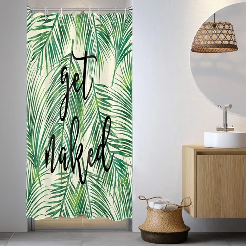 Vista 2 de LB Cortina de ducha de plantas de hojas verdes tropicales, citas divertidas y hojas de palma en cortinas de ducha beige para baño, tela de poliéster
