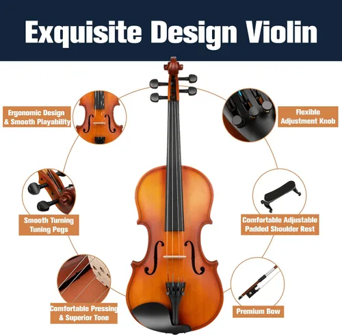 Vista 5 de Violín Mendini de madera sólida, libro de lecciones, cuerdas extra, sintonizador violín, arco y estuche