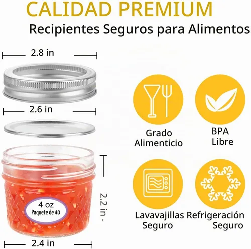Vista 2 de 40 unidades de tarros Mason de 4 oz con tapas y bandas regulares, tarros pequeños para conservas, tarros de vidrio mini para mermelada, miel