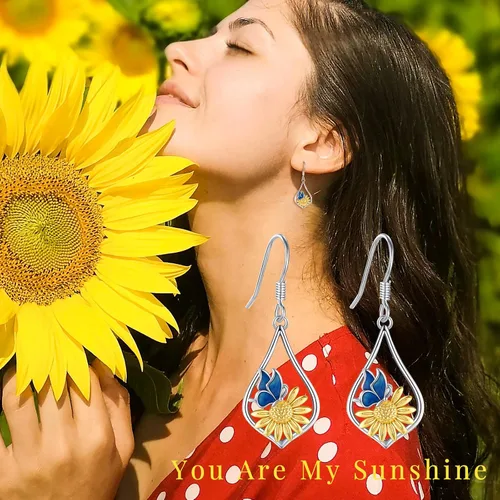 Vista 8 de Aretes colgantes de plata de ley con diseño de árbol de la vida, flor, abeja, animales, gato, colibrí, piedra lunar, turquesa, aretes con cierre