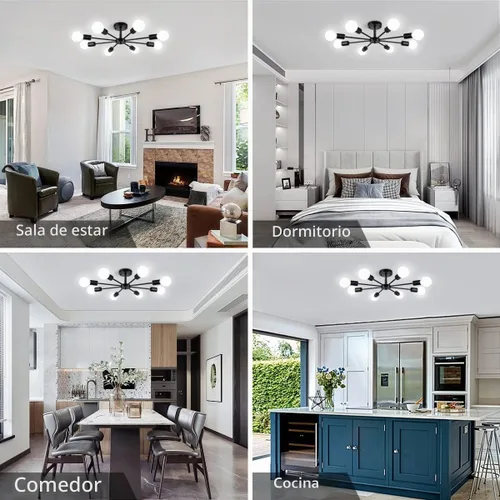 Vista 2 de Lámpara de Techo Semiempotrada de 23.62'', Candelabro Moderno de 8 Luces Negro para Sala de Estar, Candelabro de Luces Sputnik para Dormitorio