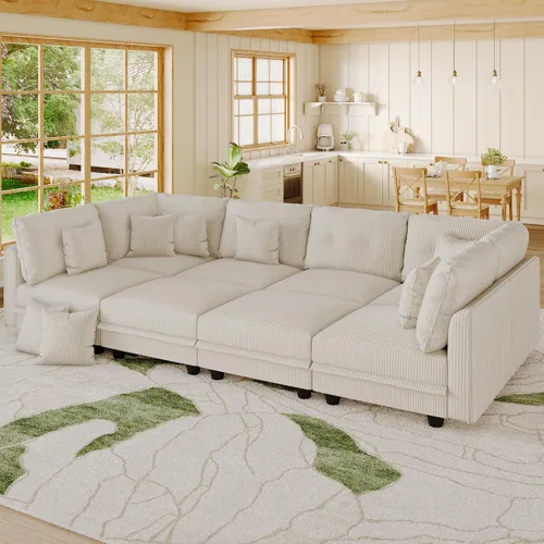 Vista 21 de LLappuil Sofá cama modular con diván de almacenamiento, sofá cama modular de pana para sala de estar, apartamento, beige