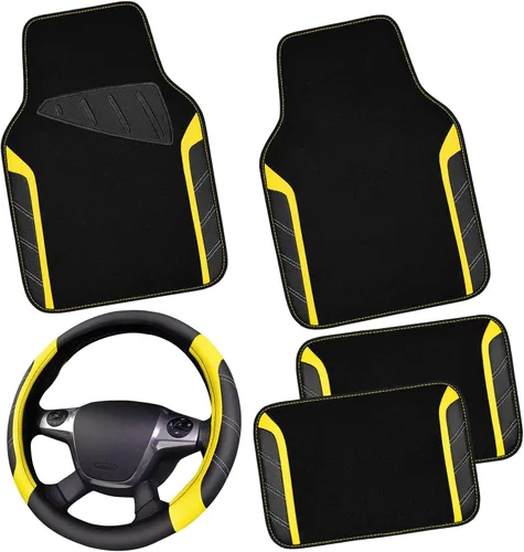Vista 15 de CAR PASS Funda para volante de cuero y alfombrillas de coche impermeables, combo universal de microfibra para coche, diseño deportivo antideslizante
