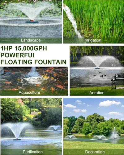 Vista 2 de Aireador de fuente de estanque 1HP, 750 W, 15000 GPH, 110 V-120 V, bomba de fuente de agua flotante con cable de alimentación de 100 pies, color Rojo