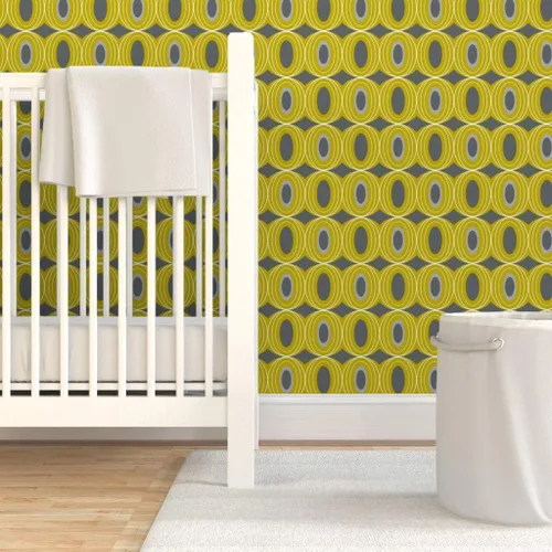 Vista 6 de Peel & Stick Wallpaper Swatch - Retro Geometric Mid Century Modern Yellow Gray Scale Geo Circles Vintage Custom Removable Wallpaper by Spoonflower