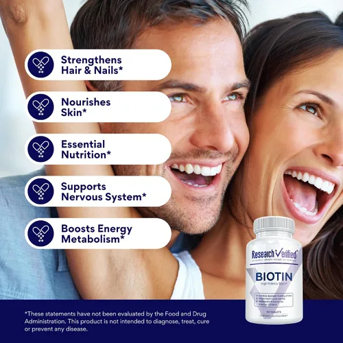 Vista 4 de Research Verified Biotina - Biotina pura extra fuerte 10000mcg - Vitamina para la piel y las uñas - Probado por terceros, fabricado en Estados